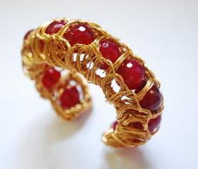 Wire Wrapped Deep Pink Agate Bracelet