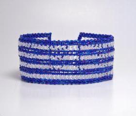 Bead Woven Bracelet in Herringbone Blue