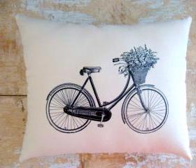 Bicycle Pillow, Vintage Bicycle, Flower Basket, French Country Home, French Decor, Cottage Decor