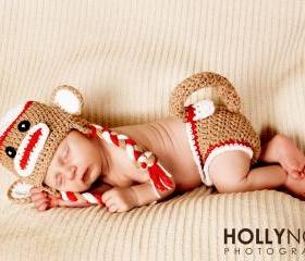Crochet Red Sock Monkey Hat and Diaper Cover Set Newborn Photography prop 