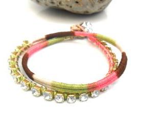 Friendship bracelet, rhinestone chain bracelet, double strand, cotton woven, boho chic fashion earth tones spring 2012 trendy under 30