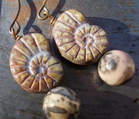 Fossil Harmony, Ammonite earrings Nautilus glass beads, Fossil Jasper gemstones, solid brass primitive prehistorical sealife sea life shell