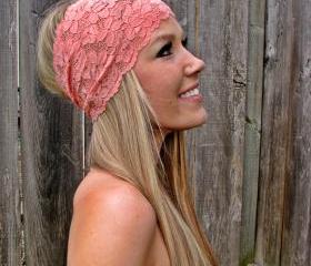 Wide Stretch Lace Headband in Coral (Pastel Peach)