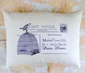 French Pillow, Birdcage, Bird, French Country Home, Paris, Postal, Cottage Decor