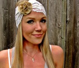 Wide Stretch Lace Headband in Ivory Cream (off white) with Detachable Flower Brooch in Gold Tones