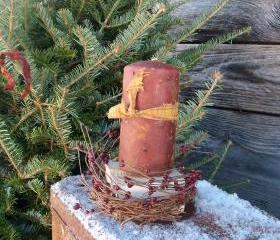Primitive Candle Pedestal - Burgundy Pip Berry Candle Ring - Rustic Apple Cinnamon Scented 6" Pillar with Mustard Homespun