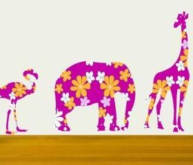 Bright Pink Giraffe Elephant Flamingo Set Wall Decal Stickers