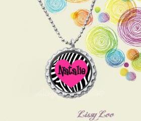 Hot Pink Zebra Heart Personalized Bottle cap Necklace
