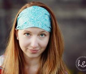 PreTied Bandana, Wide Fabric Headband, Womens Teens Workout Hairband- Bright Blue Stenciled Flowers
