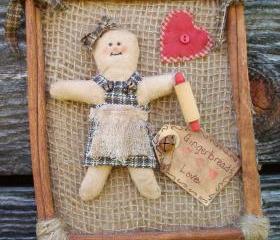 Rustic Primitive Gingerbread Girl with Rolling Pin and Heart - Cinnamon Stick Framed Kitchen Wall Hanging