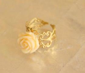 Cream orange resin rose flower adjustable ring with filigree accessories gold plated