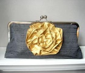 Yvonne Modern Bridal Dupioni Silk Clutch with Silk Flower Accent - Customizable in the Color of your Choice