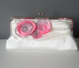 Princess - Satin Bridal Clutch with Fabric Flowers and Rhinestones - Made to order and Customizable in your own Wedding Colors