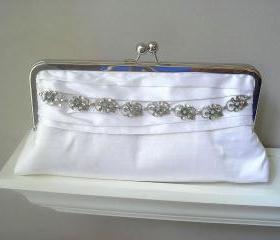 Vanessa Dupioni Silk Bridal Clutch in White with Vintage Rhinestone Jewelry - Ready to Ship