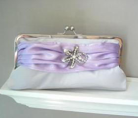 Modern Satin Clutch in Silver and Lilac with Vintage Rhinestone Brooch - Ready to Ship