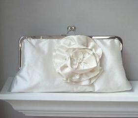 Yvonne Modern Bridal Dupioni Silk Clutch in Ivory with Silk Flower Accent - Made to order and Customizable in the Color of your Choice