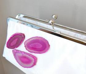 NEW Agate Bride in Fuchsia - Ready to Ship White Satin Bridal Clutch with Fuchsia Agate Slices
