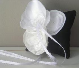 Small Black Dupioni Silk Ring Bearer's Pillow with White and Off White Accent Flowers - Ready to Ship