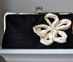 Bianca Modern Bridal Dupioni Silk Clutch with Dahlia Flower Accent - Customizable in the Color of your Choice