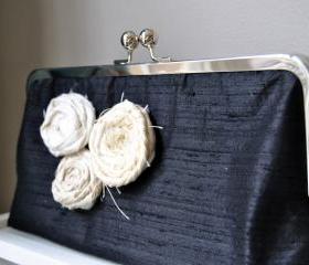 Isabella Modern Bridal Dupioni Silk Clutch with Rolled Rose Flower Accent - Customizable in the Color of your Choice