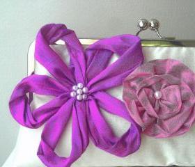 Rebecca Modern Bridal Dupioni Silk Clutch with Flower Accents - Customizable in the Colors of your Choice