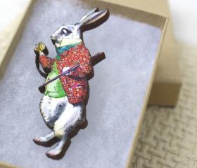 Alice in Wonderland Pin Brooch Mr. Rabbit Wooden
