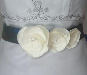 Dupioni Silk Bridal Sash in London Blue with 3 Removable Ivory Fabric Flowers