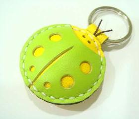 Penny the ladybug leather charm / keychain ( Green / Yellow )
