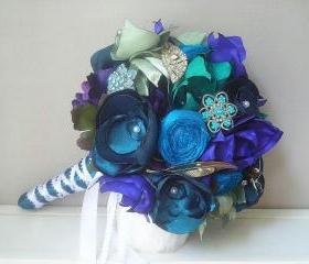 Bridal Vintage Brooch and Fabric Flower Bouquet in Peacock Blues and Greens - Made to Order