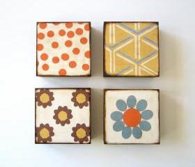Art Block Four Set 5x5 wood Mix and Match Personalize Custom colorful bright orange blue yellow redtilestudio 