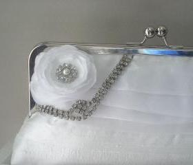 Rhinestone Dupioni Silk Bridal Clutch in White with Vintage Rhinestone READY TO SHIP
