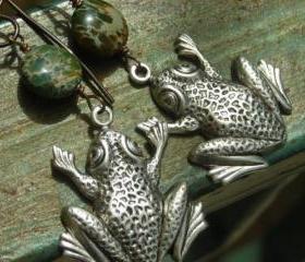 Beach Hoppers, silver frogs, natural aqua terra jasper gemstone, solid brass, froggie long animal earrings, steampunk inspired by nature