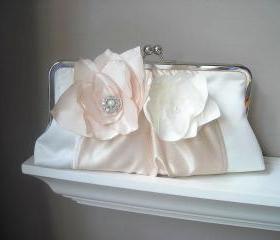 Princess - Satin Bridal Clutch with Fabric Flowers and Rhinestones - Made to order and Customizable in your own Wedding Colors