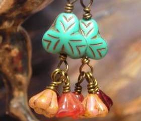Flower earrings dangle beadwork beaded earrings floral Czech glass on antiqued brass fantasy vintage style earrings