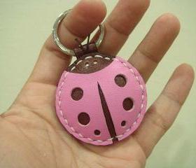 Penny the LadyBug Leather Keychain / charm ( Pink / Brown )