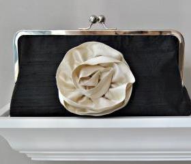 Yvonne Modern Bridal Dupioni Silk Clutch with Silk Flower Accent - Customizable in the Color of your Choice