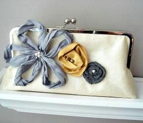 Rebecca Modern Bridal Dupioni Silk Clutch with Flower Accents - Customizable in the Colors of your Choice