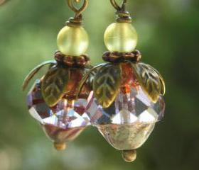 Lavender Yellow Berries, earrings, Czech glass fire polished cathedral beads, vintage finish antiqued brass petals berry feminine romantic