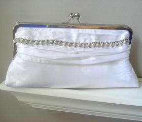 Wedding Clutch - Vanessa Dupioni Silk Bridal Clutch in White with Vintage Rhinestone Jewelry - Ready to Ship