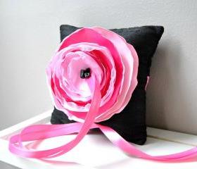 Black Dupioni Silk Ring Bearer's Pillow with Pink and Fuchsia Accent Flower - Ready to Ship