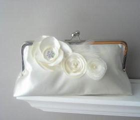Princess - Ivory Satin Bridal Clutch with Fabric Flowers and Rhinestones and Feathers - Made to Order