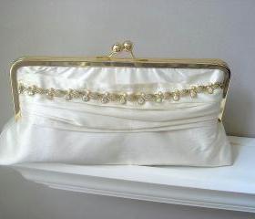 Vanessa Dupioni Silk Bridal Clutch in Ivory with Vintage Rhinestone Jewelry - Ready to Ship