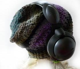 Slouchy beanie gaming hat extreme slouch effect dark green gray brown purple stripes thin soft lightweight