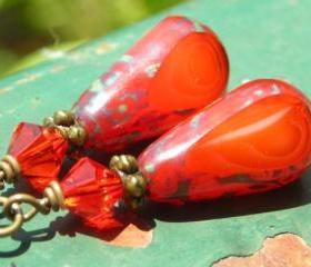 Fire Drops, pumpkin orange Czech glass beads and fire color red Swarovski crystals, antiqued brass earrings