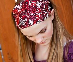 Wide Stretch Womens/Teens Headband, Maroon Paisley Hairband, Stylish Bandana, Red and White Swirl
