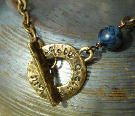 Judaica necklace, Kabbalah brass charm toggle clasp and chain, with natural dumortierite gemstone, unisex, amulet, talisman