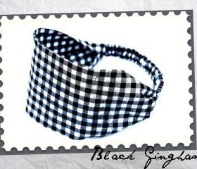 Wide Stretch Headband- Black Checked Gingham