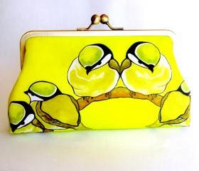 Kisslock Frame Clutch Silk Lined Yellow Birds on a Branch Chickadee Purse