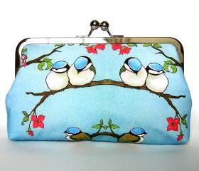 Kisslock Frame Clutch Silk Lined Blue Birds on a Branch Chickadee Purse