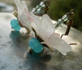 Water Lily flower earrings lucite flowers Czech glass beads antique brass blue quartz pink rose white turquoise water pond lilly